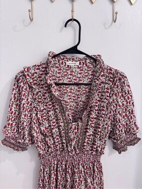 Max Studio White Pink Floral Ruffle V-Neck Tunic